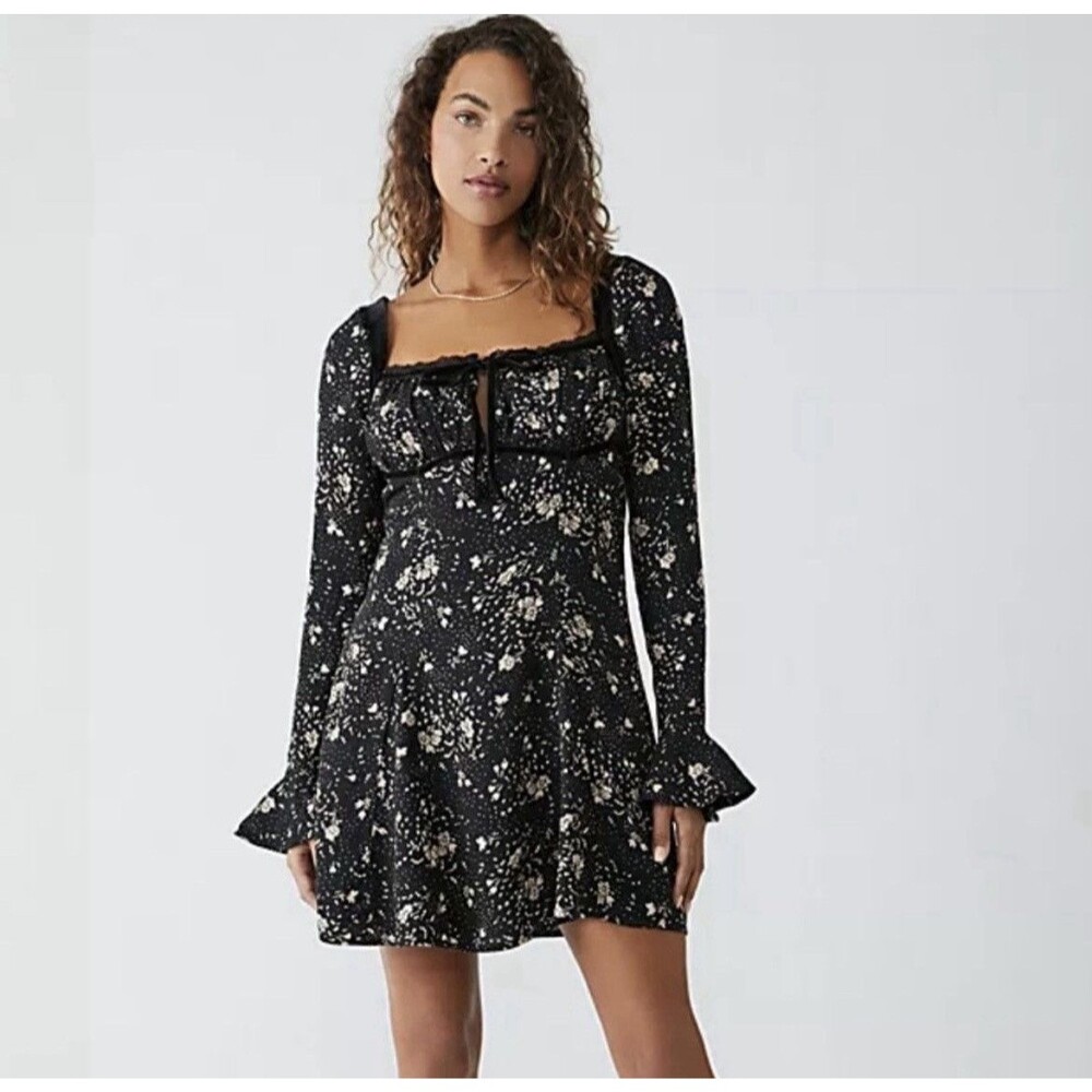 Free People Black Beige Floral Lace Mini Dress Square Neck Open Back Tie M